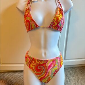 Frankie's Bikinis Pink and Orange Retro Swimwear